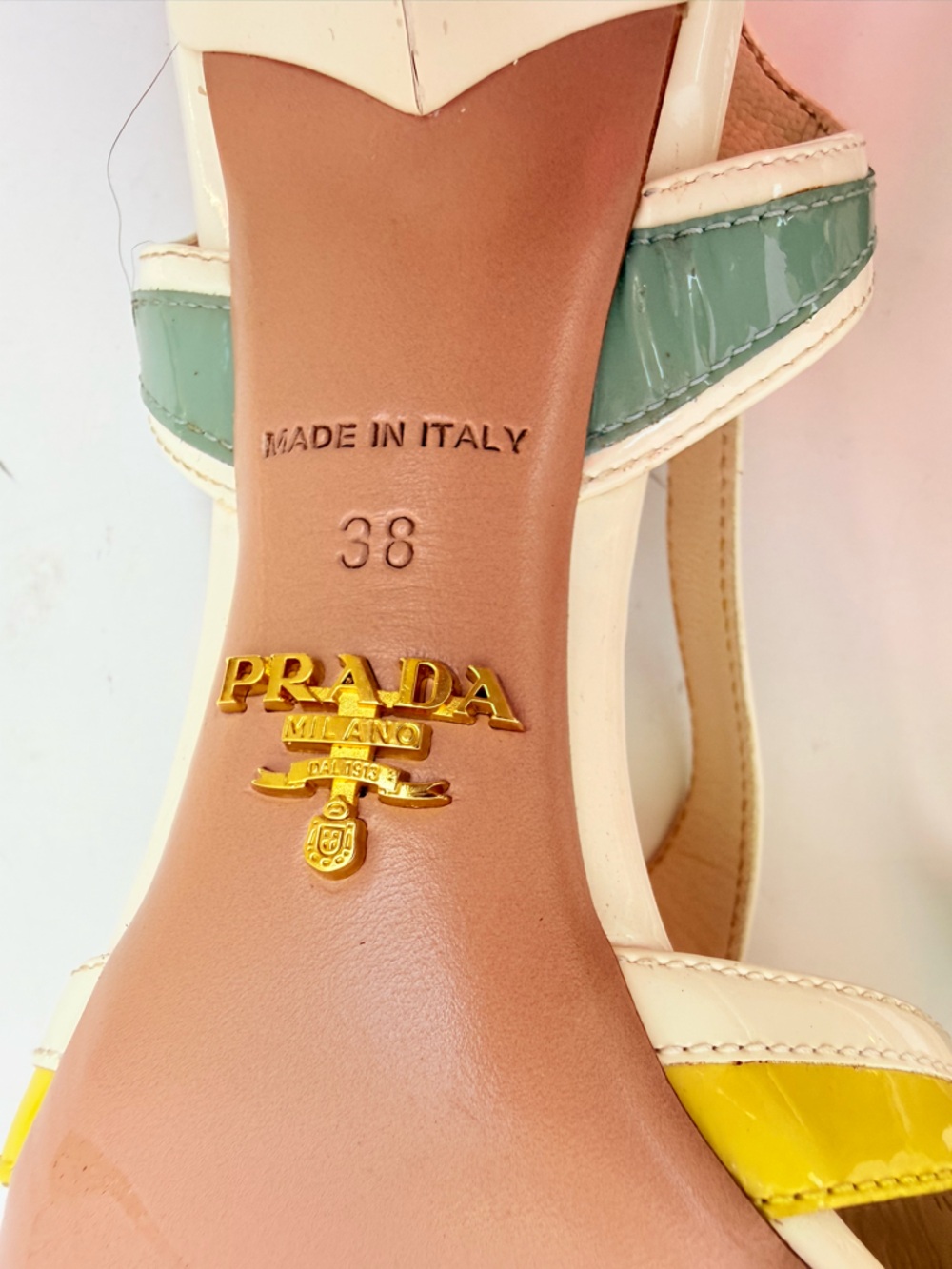 Prada 2012 Hot Rod Flame Patent Cutout Slingback Heels 38 Ivory Yellow Sage - Picture 10 of 13